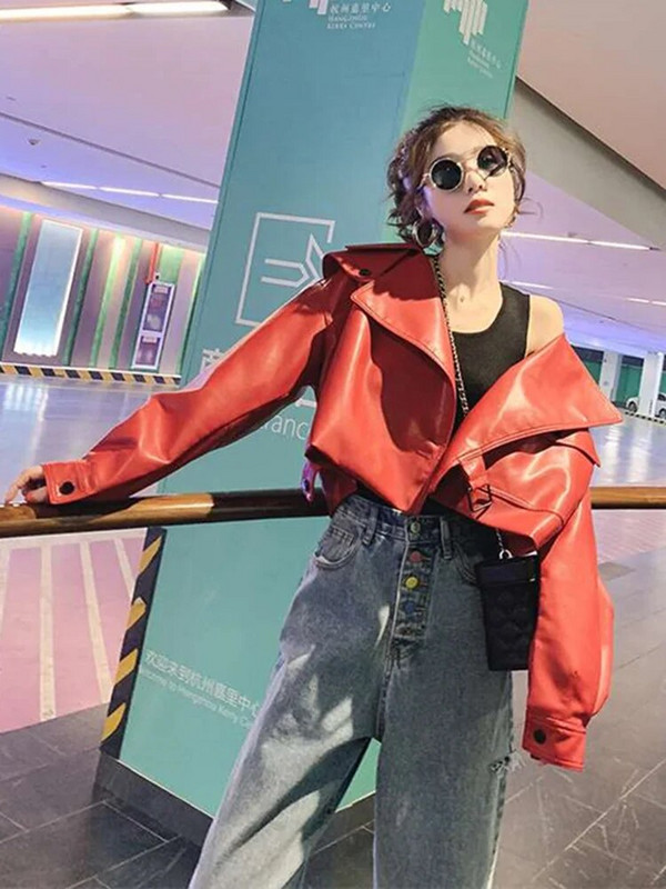 Aelegantmis juoda trumpa laisva Pu odinė striukė rudens žiemos minkšta dirbtinės odos striukė Gatvės laisvalaikio apatiniai drabužiai Moteriška dviratininko striukė