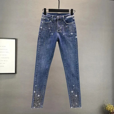 Femei subțiri cu talie înaltă Stretch Diamonds Jeans Femei Vintage Streetwear Casual elastic creion Denim Pantaloni Pantaloni