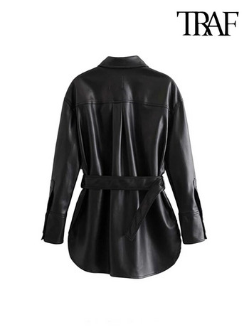 Γυναικεία TRAF Vintage Κομψό ψεύτικο δέρμα με παλτό με ζωσμένο σακάκι Μόδα μακρυμάνικο τσέπες αεραγωγοί στο πλάι Εξωτερικά ρούχα PU Chic μπλουζάκια