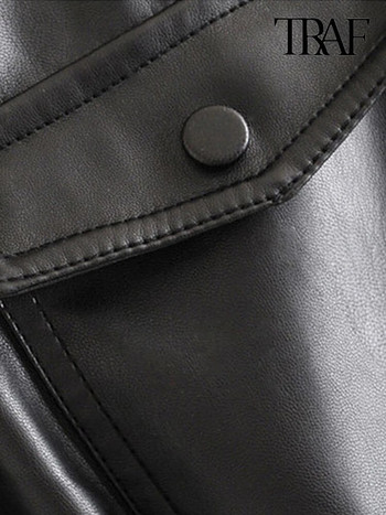TRAF Жени Винтидж Стилна изкуствена кожа с яке с колан Палто Модни джобове с дълги ръкави Странични вентилационни отвори PU Връхни дрехи Шик Топове