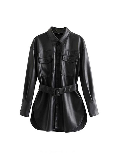 TRAF Ženski vintage, elegantni kaput od umjetne kože s remenom, modni kaput dugih rukava, džepovi s bočnim otvorima PU gornja odjeća Chic Topovi