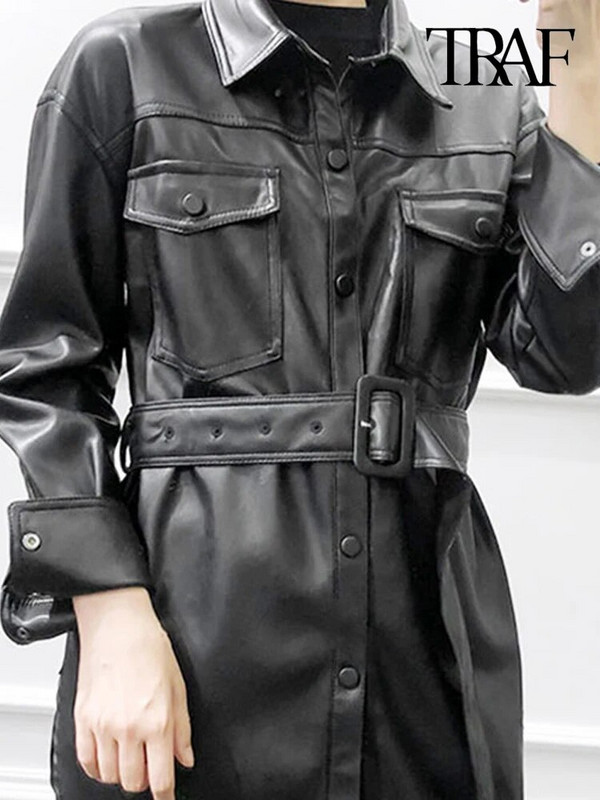 TRAF Ženski vintage, elegantni kaput od umjetne kože s remenom, modni kaput dugih rukava, džepovi s bočnim otvorima PU gornja odjeća Chic Topovi