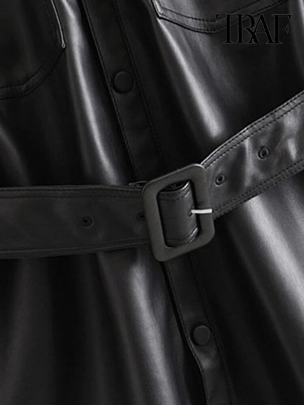 TRAF Ženski vintage, elegantni kaput od umjetne kože s remenom, modni kaput dugih rukava, džepovi s bočnim otvorima PU gornja odjeća Chic Topovi