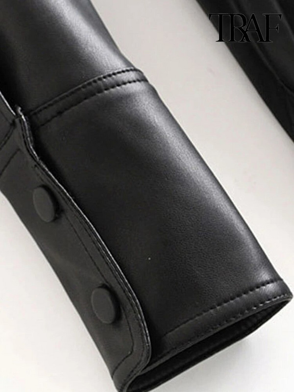 TRAF Ženski vintage, elegantni kaput od umjetne kože s remenom, modni kaput dugih rukava, džepovi s bočnim otvorima PU gornja odjeća Chic Topovi