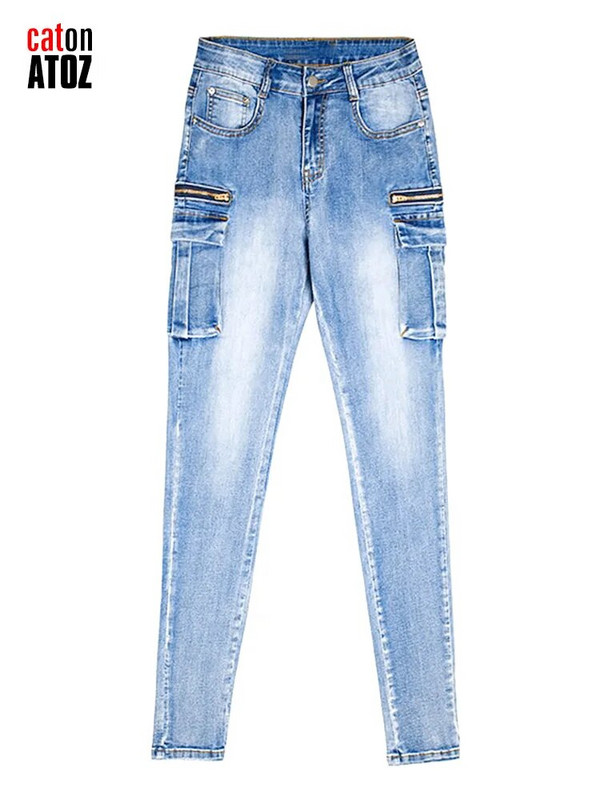 catonATOZ 2237 Moterys, 2023 m. pavasaris, madingos krovininės kelnės, vasarinės moteriškos, su užtrauktuku kišenėje, tamprūs, ploni džinsai, siauri džinsiniai kelnės