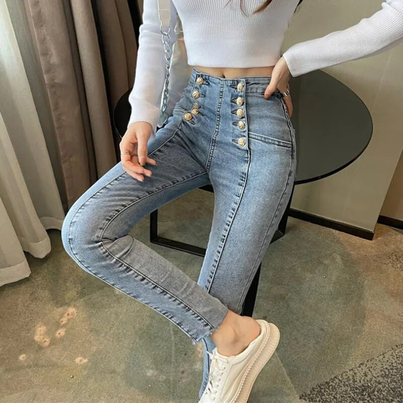 Korėjietiško stiliaus siauri džinsai moterims Madingos dvieilės dizaino kelnės Moteriškos vasarinės elastinės aukšto juosmens skalbtos pieštukinės kelnės