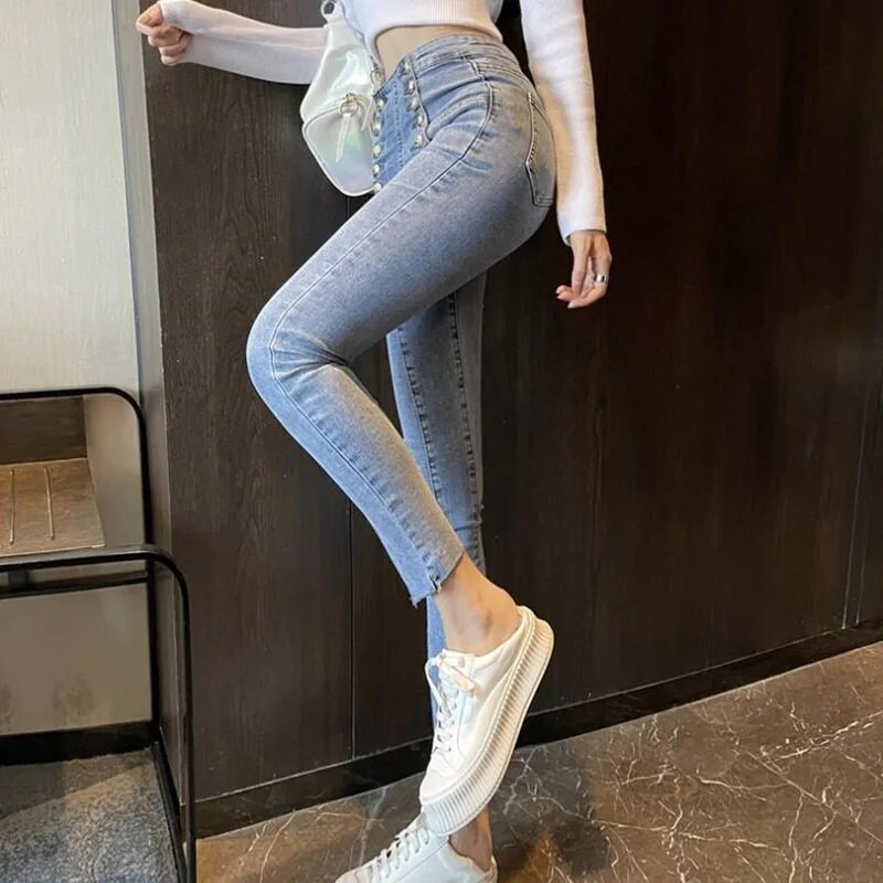 Korėjietiško stiliaus siauri džinsai moterims Madingos dvieilės dizaino kelnės Moteriškos vasarinės elastinės aukšto juosmens skalbtos pieštukinės kelnės