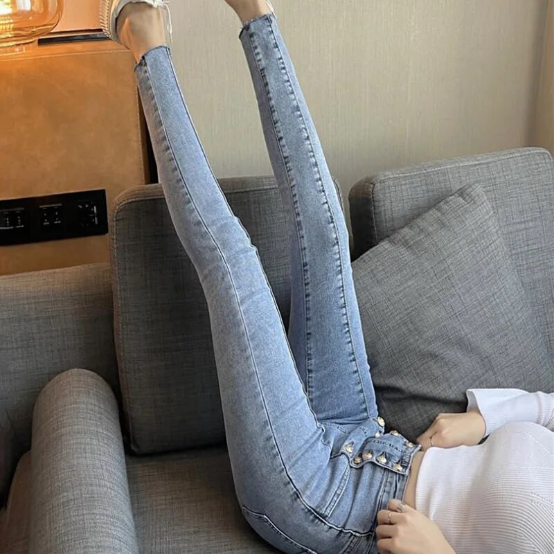 Korėjietiško stiliaus siauri džinsai moterims Madingos dvieilės dizaino kelnės Moteriškos vasarinės elastinės aukšto juosmens skalbtos pieštukinės kelnės