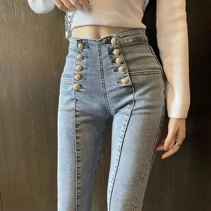 Korėjietiško stiliaus siauri džinsai moterims Madingos dvieilės dizaino kelnės Moteriškos vasarinės elastinės aukšto juosmens skalbtos pieštukinės kelnės