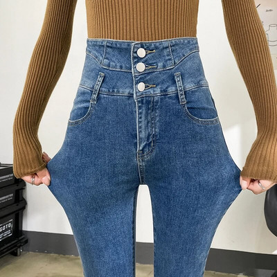 Ženske uske traperice s više gumba visokog struka, modne elastične uske pencil hlače Ženske mamine traper hlače Ulična odjeća