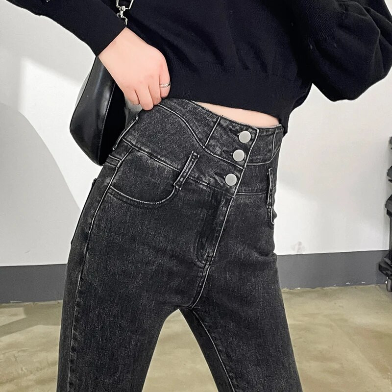 Ženske uske traperice s više gumba visokog struka, modne elastične uske pencil hlače Ženske mamine traper hlače Ulična odjeća