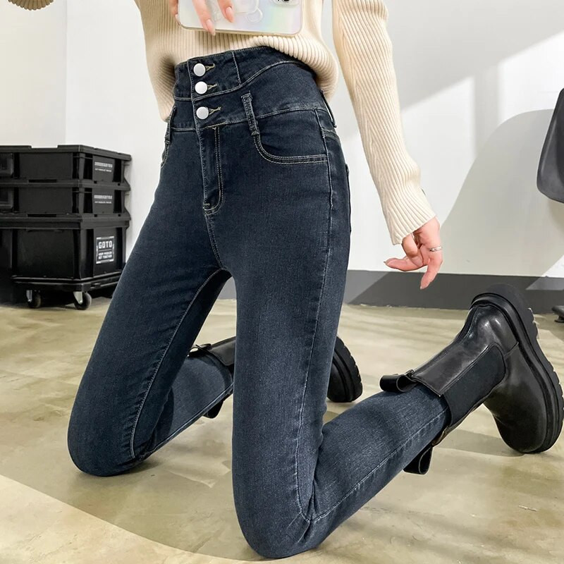 Ženske uske traperice s više gumba visokog struka, modne elastične uske pencil hlače Ženske mamine traper hlače Ulična odjeća