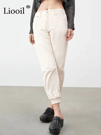 Liooil Streetwear medvilnė elastinga juosmuo Ruda džinsinės kelnės Moteriškos džinsinės kelnės su kišenėmis Nauji pavasariniai moteriški tamprūs seksualūs džinsai