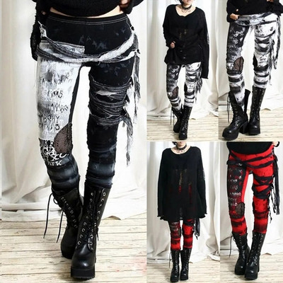 Streetwear Vintage Gothic Παντελόνια Γυναικεία Ψηλόμεση Y2k Πανκ Κολάν Καλοκαιρινό Ανοιξιάτικο Slim Tie dye Rocker Distressed Pants Leggins