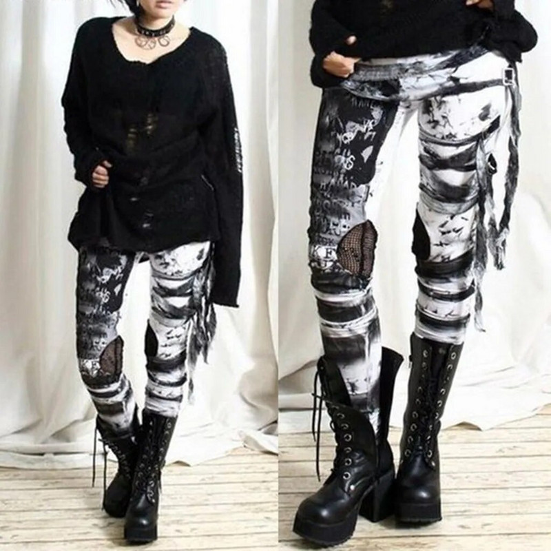 Ulična odjeća Vintage Gothic Hlače Ženske Y2k Punk tajice visokog struka Ljeto Proljeće Uske hlače na kravatu Rocker Distressed Pants Leggins