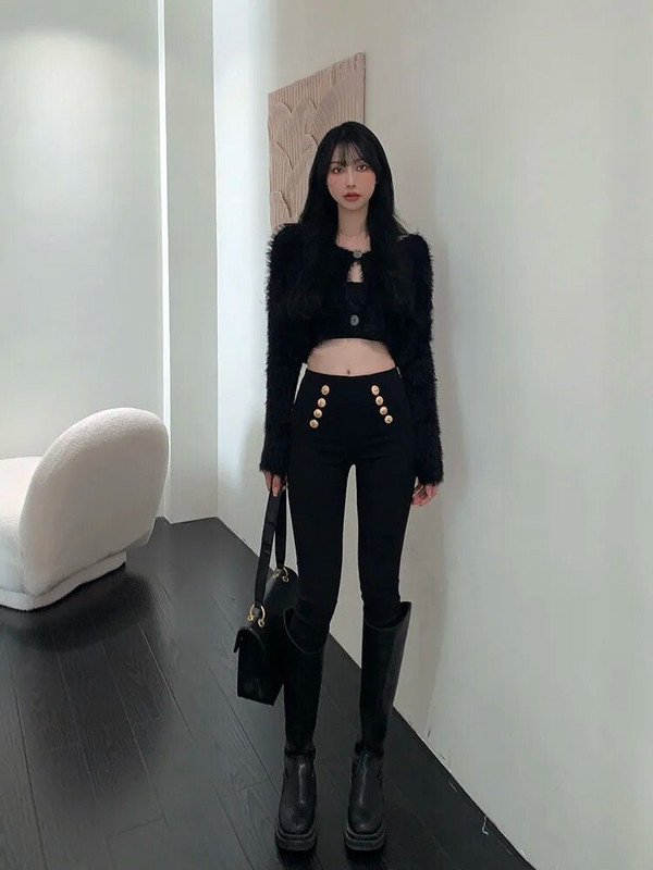 Madingos moteriškos kelnės 2023 Pavasario rudens aukštai elastingos dvieilės aptemptos liekninančios kelnės aukštu liemeniu Moteriškos kelnės