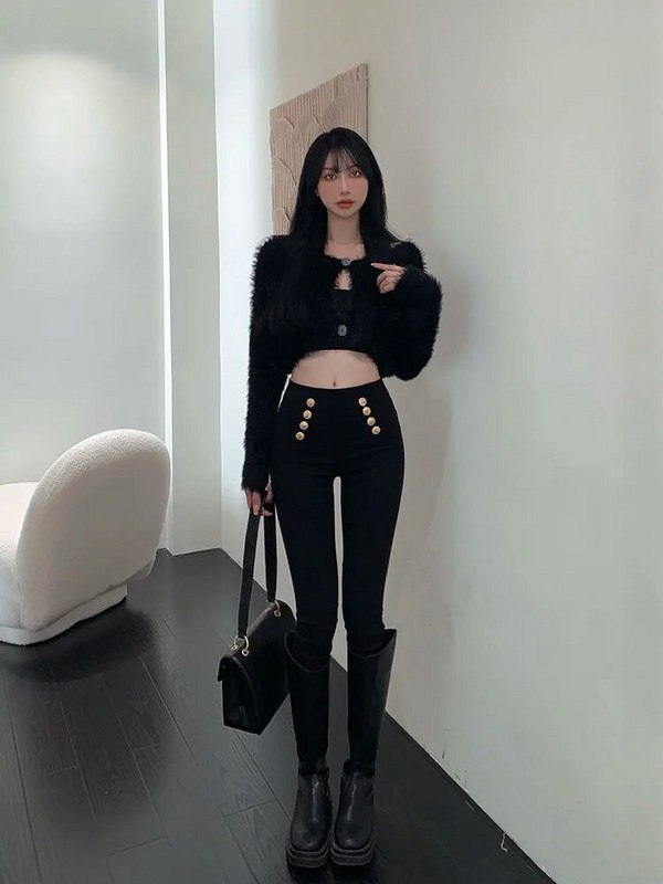 Madingos moteriškos kelnės 2023 Pavasario rudens aukštai elastingos dvieilės aptemptos liekninančios kelnės aukštu liemeniu Moteriškos kelnės