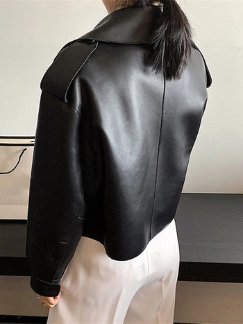 Sungtin Γυναικείο μπουφάν από συνθετικό δέρμα Μαλακό χαλαρό Vintage Παλτό Biker Κοντές τσέπες Motor PU Μαύρο μπουφάν Φθινοπωρινό Δερμάτινο παλτό Street