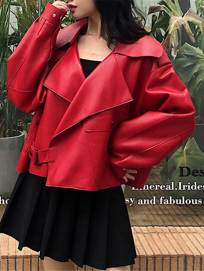 Sungtin Moteriška dirbtinės odos striukė Minkštas laisvas vintažinis dviratininko paltas Trumpos kišenės Motor PU juoda striukė Rudeninis gatvės odinis paltas