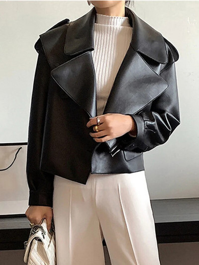 Sungtin Moteriška dirbtinės odos striukė Minkštas laisvas vintažinis dviratininko paltas Trumpos kišenės Motor PU juoda striukė Rudeninis gatvės odinis paltas