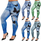 Mugavad kitsad püksid Denim säärised Butterfly Print Naiste Jean Cowboy Stretchy Famale Slim Faux Teksapüksid Plus Suurus 5XL
