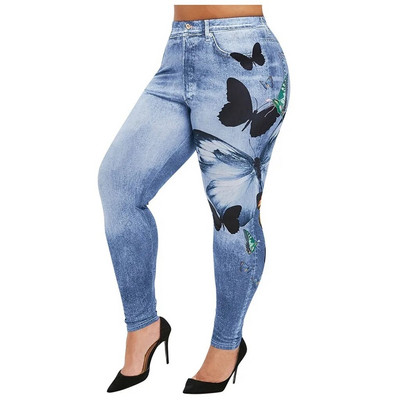 Mugavad kitsad püksid Denim säärised Butterfly Print Naiste Jean Cowboy Stretchy Famale Slim Faux Teksapüksid Plus Suurus 5XL