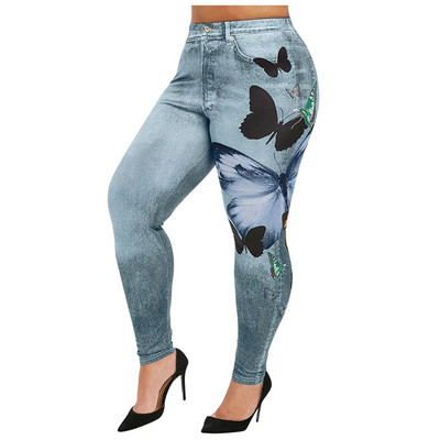 Mugavad kitsad püksid Denim säärised Butterfly Print Naiste Jean Cowboy Stretchy Famale Slim Faux Teksapüksid Plus Suurus 5XL