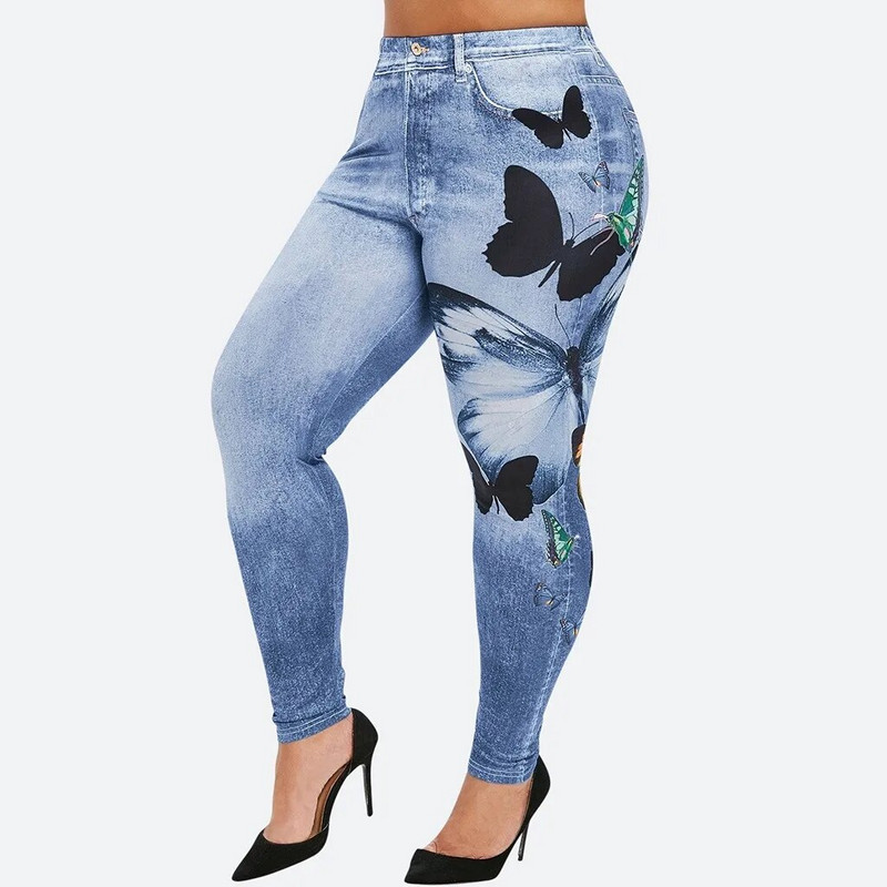Patogios siauros kelnės Džinsinės antblauzdžiai Butterfly Print Moterims Jean Cowboy elastingos moteriškos plonos dirbtinės džinsinės kelnės plius dydis 5XL