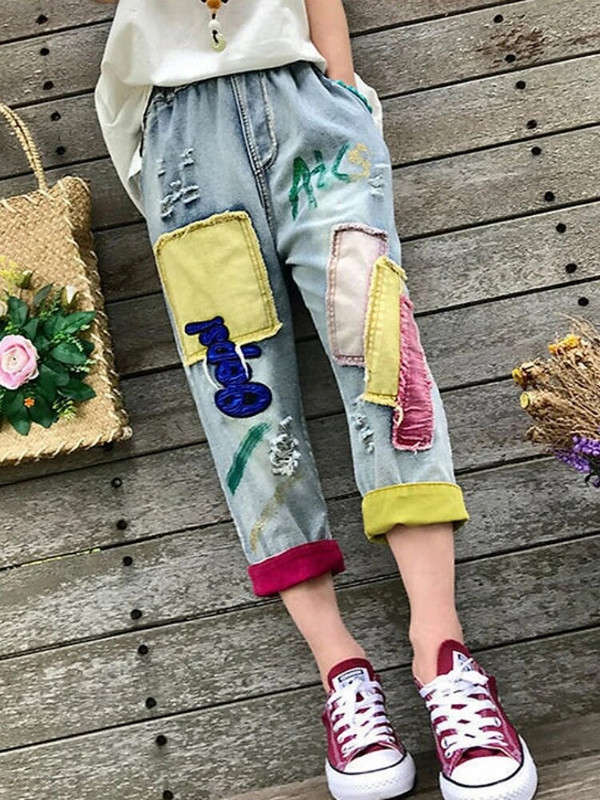 Y2k Style Plus Size elastinis juosmens siuvinėjimas Nauji džinsai moterims Vasarinės laisvos haremo kelnės Pavasariniai laisvalaikio korėjietiški madingi drabužiai