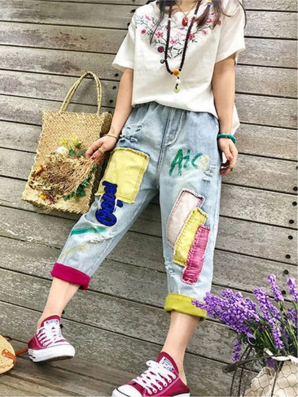 Y2k Style Plus Size elastinis juosmens siuvinėjimas Nauji džinsai moterims Vasarinės laisvos haremo kelnės Pavasariniai laisvalaikio korėjietiški madingi drabužiai