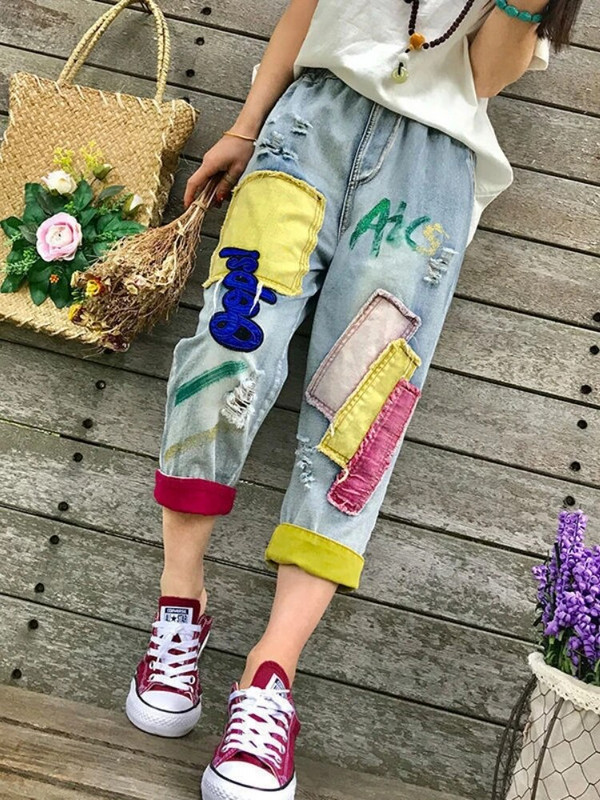 Y2k Style Plus Size elastinis juosmens siuvinėjimas Nauji džinsai moterims Vasarinės laisvos haremo kelnės Pavasariniai laisvalaikio korėjietiški madingi drabužiai