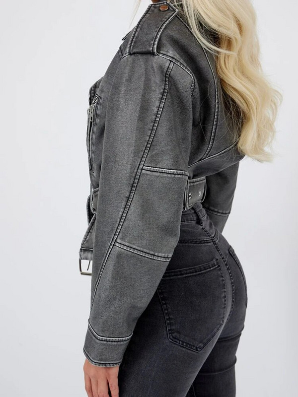 Ailegogo Streetwear Ženska široka retro kratka jakna s patentnim zatvaračem od umjetne kože s remenom Vintage ženski motociklistički kaput Chic Outwear