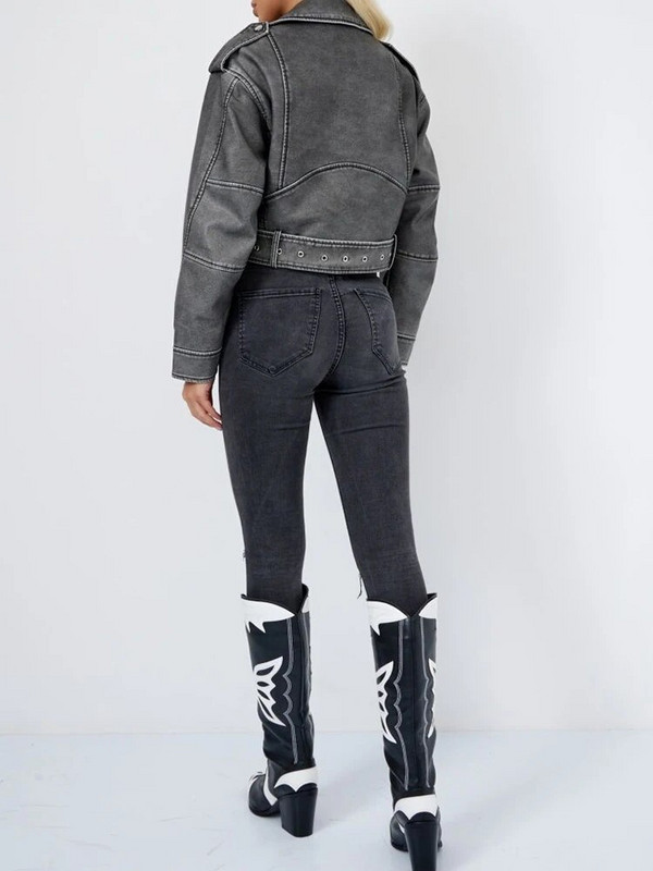 Ailegogo Streetwear Ženska široka retro kratka jakna s patentnim zatvaračem od umjetne kože s remenom Vintage ženski motociklistički kaput Chic Outwear