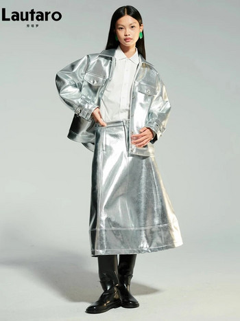 Lautaro пролет есен прохладно сребристо лъскаво лачено яке от изкуствена кожа дамско с реглан дълъг ръкав луксозно дизайнерско Y2K облекло