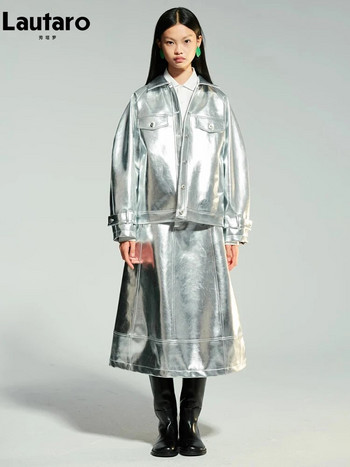 Lautaro Άνοιξη Φθινόπωρο Δροσερό ασημί γυαλιστερό λουστρίνι από ψεύτικο δερμάτινο μπουφάν Γυναικείο με μακρυμάνικο Raglan πολυτελή ρούχα σχεδιαστών Y2K