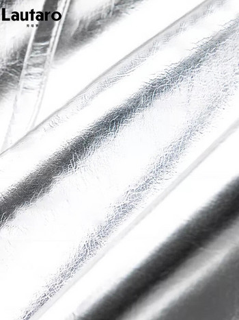 Lautaro Άνοιξη Φθινόπωρο Δροσερό ασημί γυαλιστερό λουστρίνι από ψεύτικο δερμάτινο μπουφάν Γυναικείο με μακρυμάνικο Raglan πολυτελή ρούχα σχεδιαστών Y2K