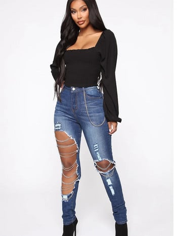 Γυναικείο Boyfriend Jeans Distressed Slim Fit Ripped Denim Παντελόνι Comfy Stretch Skinny Jeans Μεταλλική Αλυσίδα Διακόσμηση ouc1471