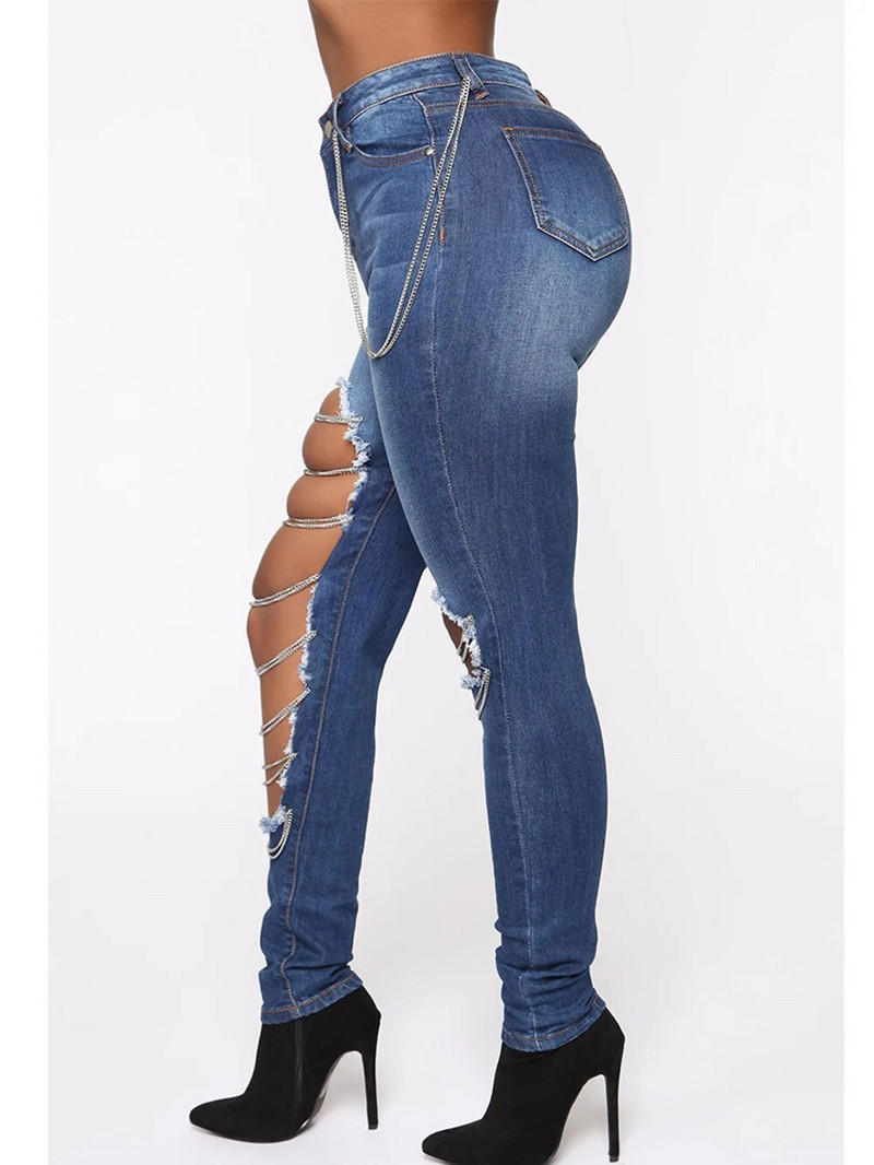 Moteriški džinsai Boyfriend Distressed Slim Fit Plyštos džinsinės kelnės Patogios tamprios siauros džinsai Metalinės grandinėlės apdaila ouc1471