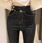 Juodi siauri džinsai, moteriški suvarstomi 2023 m. gatvės apranga aukštu liemeniu pieštuko formos moteriškos vasarinės kelnės iki kulkšnių Elegantiškos prašmatnios apačios mama