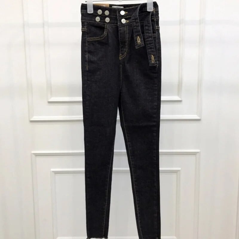 Juodi siauri džinsai, moteriški suvarstomi 2023 m. gatvės apranga aukštu liemeniu pieštuko formos moteriškos vasarinės kelnės iki kulkšnių Elegantiškos prašmatnios apačios mama