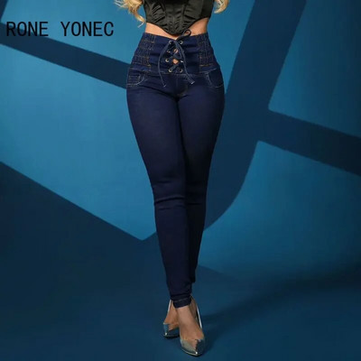 Ženske modne traperice do gležnja s visokim elastičnim strukom na vezanje i uskim džepovima