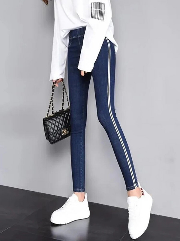 Külgtriibuga kõrge vöökohaga Teksad Pliiatspüksid Kitsad Naiste Uus Suur Suurus 5xl Pahkluuni Vaqueros Pantalones Casual Denim Spodnie