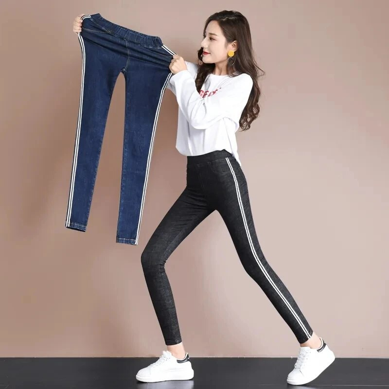 Külgtriibuga kõrge vöökohaga Teksad Pliiatspüksid Kitsad Naiste Uus Suur Suurus 5xl Pahkluuni Vaqueros Pantalones Casual Denim Spodnie