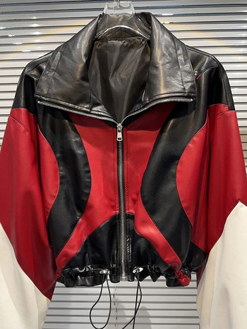 DEAT Fashion Contrast Color Patchwork Мотоциклетно кожено яке за жени с дълъг ръкав, палто с цип и ревер 2023 Есенно ново 11XX5563