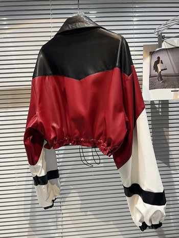 DEAT Fashion Contrast Color Patchwork Δερμάτινο μπουφάν μοτοσικλέτας για γυναίκες Μακρυμάνικο παλτό με φερμουάρ πέτο 2023 Φθινόπωρο Νέο 11XX5563
