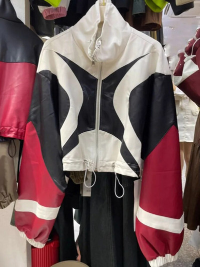 DEAT Fashion Contrast Spalva Patchwork Motociklo odinė striukė moterims ilgomis rankovėmis atvartu užtrauktuku paltas 2023 Rudens Nauja 11XX5563