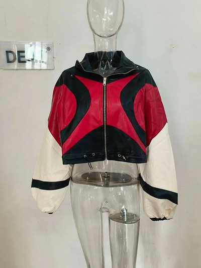 DEAT Fashion Contrast Spalva Patchwork Motociklo odinė striukė moterims ilgomis rankovėmis atvartu užtrauktuku paltas 2023 Rudens Nauja 11XX5563