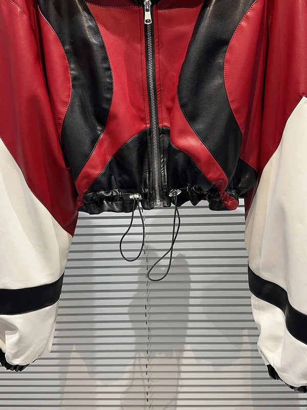 DEAT Fashion Contrast Spalva Patchwork Motociklo odinė striukė moterims ilgomis rankovėmis atvartu užtrauktuku paltas 2023 Rudens Nauja 11XX5563