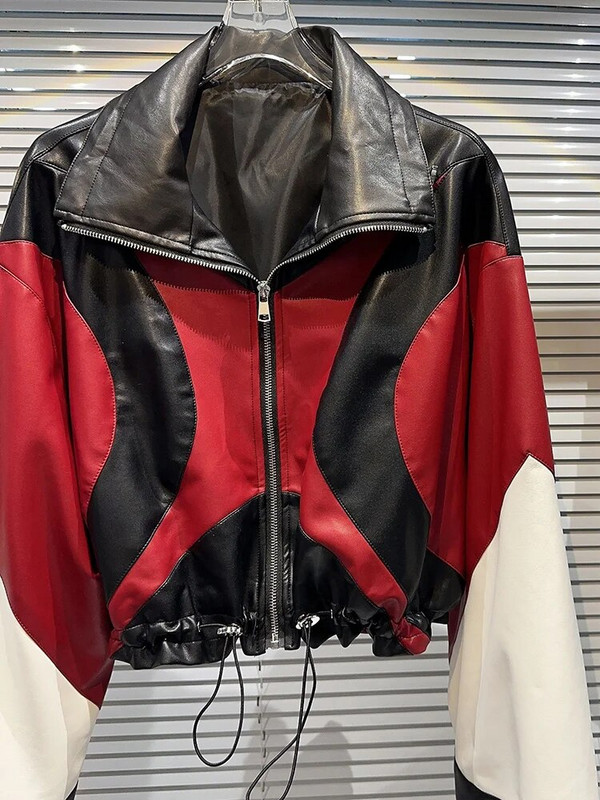 DEAT Fashion Contrast Spalva Patchwork Motociklo odinė striukė moterims ilgomis rankovėmis atvartu užtrauktuku paltas 2023 Rudens Nauja 11XX5563