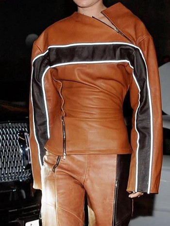 Weekeep Модно улично кожено яке Шикозно асиметрично яке с цип и цял ръкав на райе Пачуърк PU якета за жени y2k Гръндж